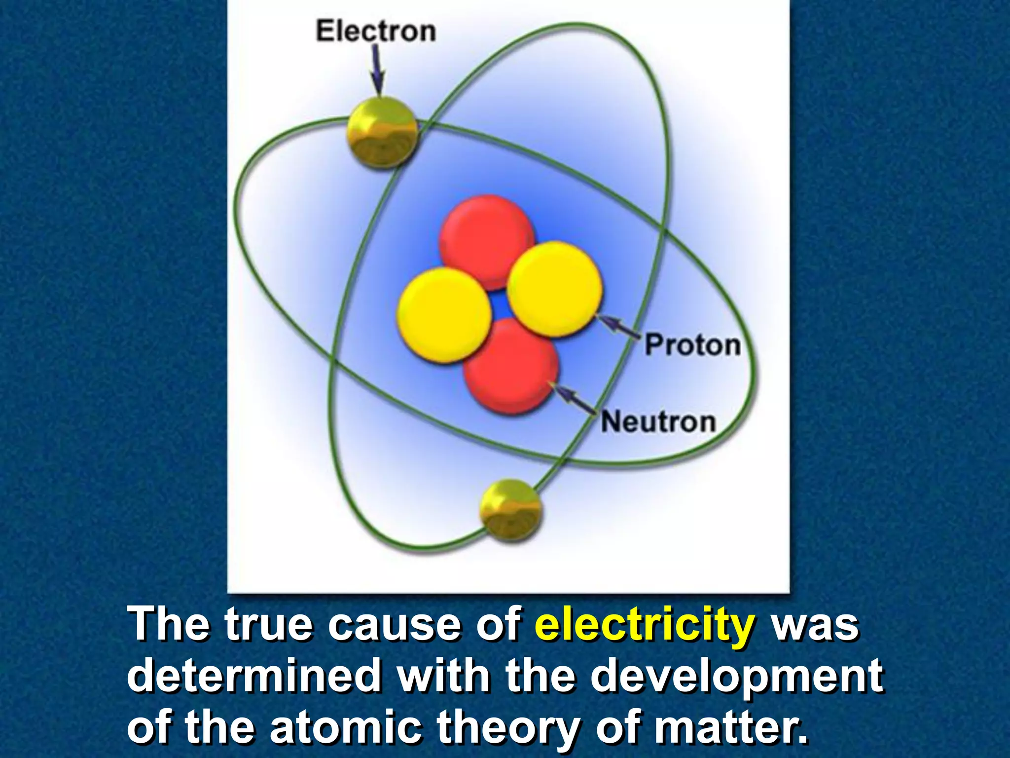 The true cause of electricity was
determined with the development
of the atomic theory of matter.
 