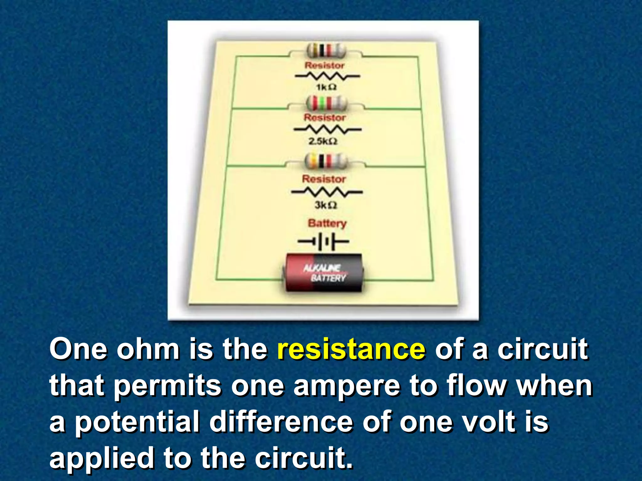 One ohm is the resistance of a circuit
that permits one ampere to flow when
a potential difference of one volt is
applied to the circuit.
 