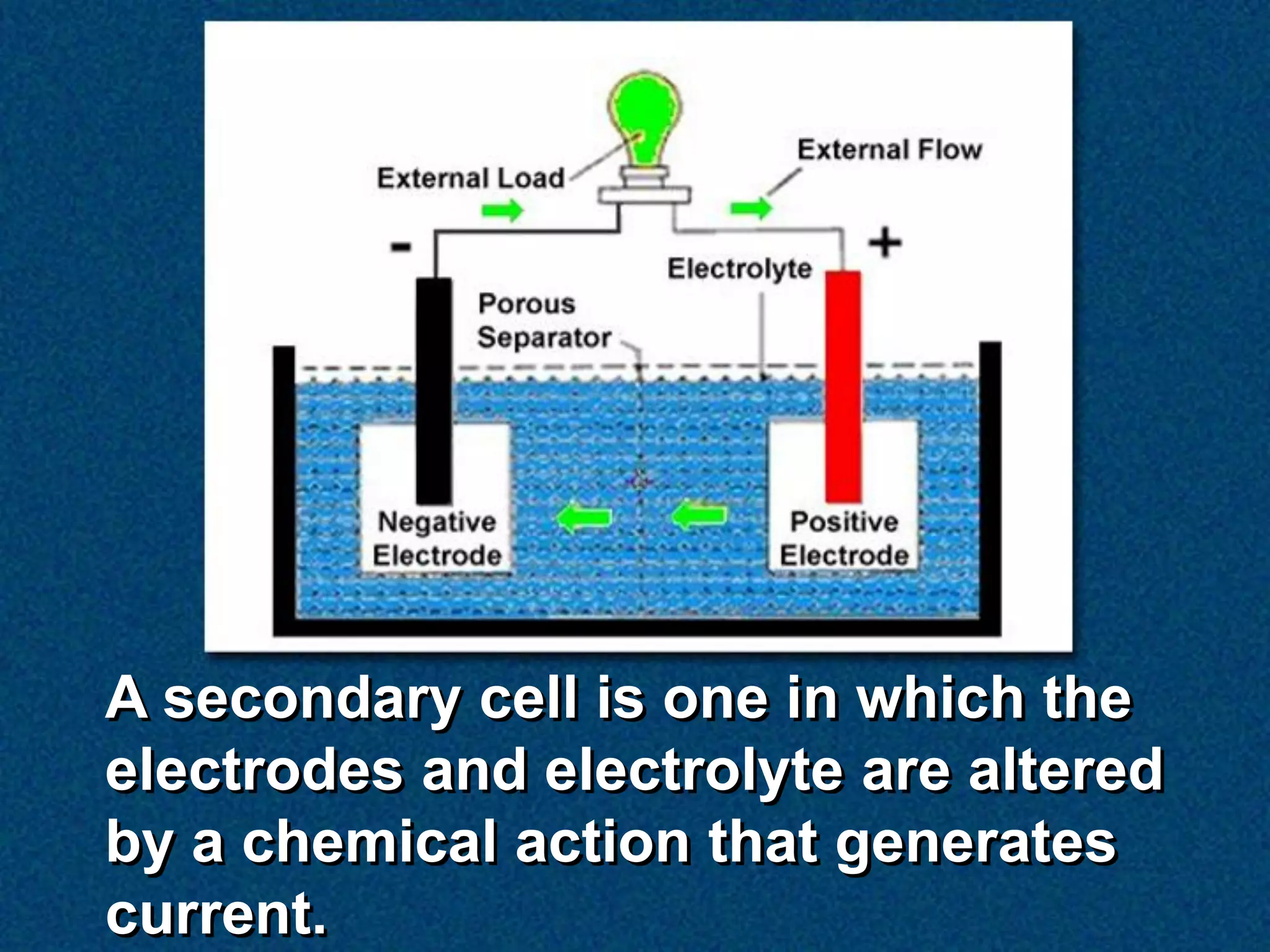 A secondary cell is one in which the
electrodes and electrolyte are altered
by a chemical action that generates
current.
 