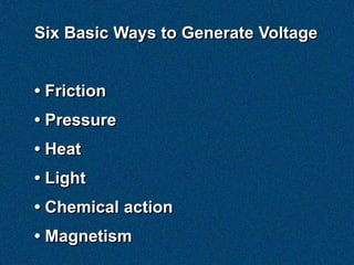 Six Basic Ways to Generate Voltage


• Friction
• Pressure
• Heat
• Light
• Chemical action
• Magnetism
 