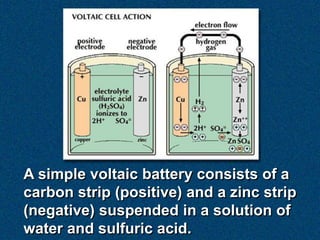 A simple voltaic battery consists of a
carbon strip (positive) and a zinc strip
(negative) suspended in a solution of
water and sulfuric acid.
 