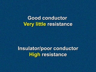 Good conductor
  Very little resistance



Insulator/poor conductor
     High resistance
 