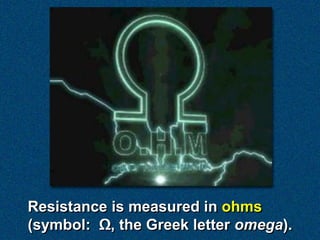 Resistance is measured in ohms
(symbol: Ω, the Greek letter omega).
 