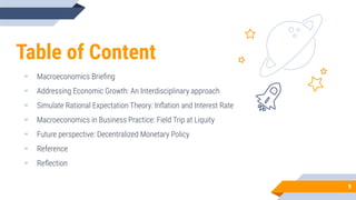 Table of Content
9
▰ Macroeconomics Brieﬁng
▰ Addressing Economic Growth: An Interdisciplinary approach
▰ Simulate Rational Expectation Theory: Inﬂation and Interest Rate
▰ Macroeconomics in Business Practice: Field Trip at Liquity
▰ Future perspective: Decentralized Monetary Policy
▰ Reference
▰ Reﬂection
 