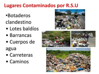 Lugares Contaminados por R.S.U
•Botaderos
clandestino
• Lotes baldíos
• Barrancas
• Cuerpos de
agua
• Carreteras
• Caminos
 