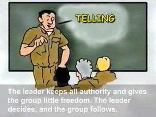 The leader keeps all authority and gives
the group little freedom. The leader
decides, and the group follows.

 