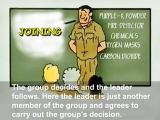 The group decides and the leader
follows. Here the leader is just another
member of the group and agrees to
carry out the group’s decision.

 
