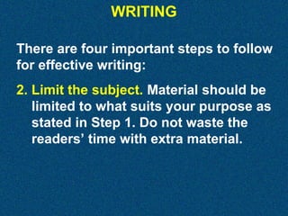WRITING
There are four important steps to follow
for effective writing:
2. Limit the subject. Material should be
limited to what suits your purpose as
stated in Step 1. Do not waste the
readers’ time with extra material.

 