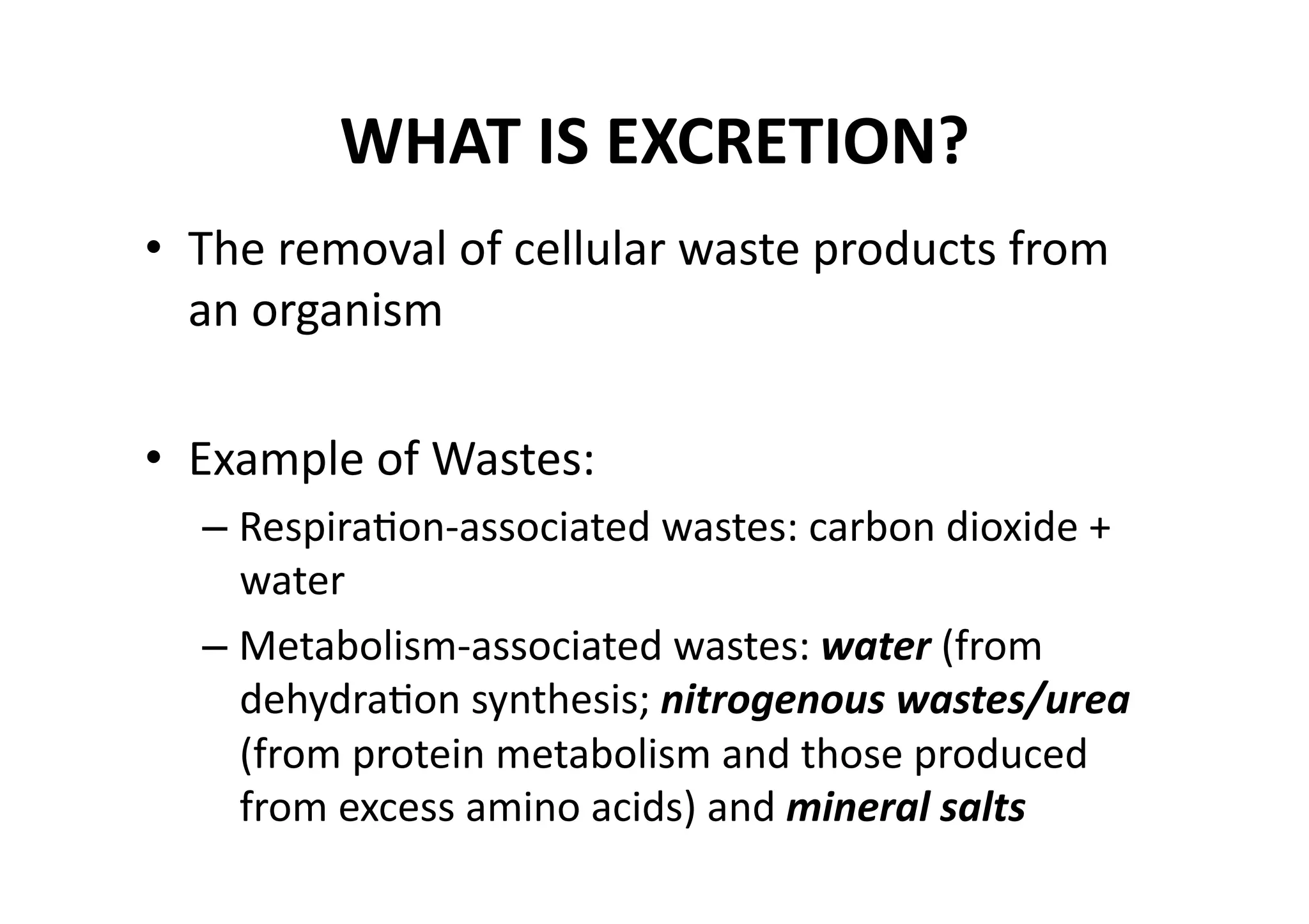 WHAT IS EXCRETION? 
•  The removal of cellular waste products from 
   an organism 

•  Example of Wastes: 
  – RespiraMon‐associated wastes: carbon dioxide + 
    water 
  – Metabolism‐associated wastes: water (from 
    dehydraMon synthesis; nitrogenous wastes/urea 
    (from protein metabolism and those produced 
    from excess amino acids) and mineral salts 
 