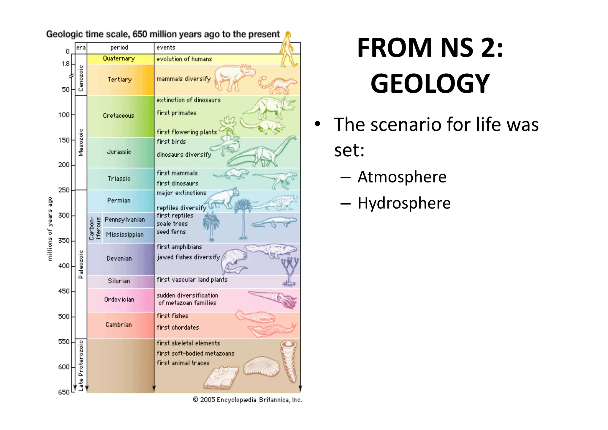 FROM NS 2: 
      GEOLOGY 
•  The scenario for life was 
   set: 
   –  Atmosphere 
   –  Hydrosphere 
 