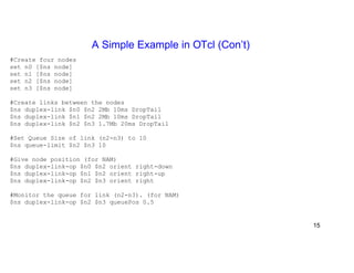 A Simple Example in OTcl (Con’t) 
#Create four nodes 
set n0 [$ns node] 
set n1 [$ns node] 
set n2 [$ns node] 
set n3 [$ns node] 
#Create links between the nodes 
$ns duplex-link $n0 $n2 2Mb 10ms DropTail 
$ns duplex-link $n1 $n2 2Mb 10ms DropTail 
$ns duplex-link $n2 $n3 1.7Mb 20ms DropTail 
#Set Queue Size of link (n2-n3) to 10 
$ns queue-limit $n2 $n3 10 
#Give node position (for NAM) 
$ns duplex-link-op $n0 $n2 orient right-down 
$ns duplex-link-op $n1 $n2 orient right-up 
$ns duplex-link-op $n2 $n3 orient right 
#Monitor the queue for link (n2-n3). (for NAM) 
$ns duplex-link-op $n2 $n3 queuePos 0.5 
15 
 