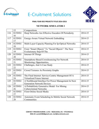 E-Cruitment Solutions
FINAL YEAR IEEE PROJECTS TITLES 2014-2015
NETWORK SIMULATOR 2
CONTACT: PRAVEEN KUMAR. L (+91 – 9626110101,+91 – 9751442511)
MAIL ID: sunsid1989@gmail.com, tech@ecruitments.com
15 Compositions
116 ECSNS1
16
Deep Networks Are Effective Encoders Of Periodicity 2014-15
117 ECSNS1
17
Energy-Aware Virtual Network Embedding 2014-15
118 ECSNS1
18
Multi-Layer Capacity Planning For Ip-Optical Networks 2014-15
119 ECSNS1
19
From “Smart Objects” To “Social Objects”: The Next
Evolutionary Step Of The
2014-15
120 ECSNS1
20
Internet Of Things 2014-15
121 ECSNS1
21
Smartphone-Based Crowdsourcing For Network
Monitoring: Opportunities,
2014-15
122 ECSNS1
22
Challenges, And A Case Study 2014-15
123 ECSNS1
23
Crowd Textures As Proximity Graphs 2014-15
124 ECSNS1
24
The Fluid Internet: Service-Centric Management Of A
Virtualized Future Internet
2014-15
125 ECSNS1
25
A Northbound Interface For Power Management In Next
Generation Network Devices
2014-15
126 ECSNS1
26
A Probabilistic Generative Model For Mining
Cybercriminal Networks
2014-15
127 ECSNS1
27
From Online Social Media 2014-15
128 ECSNS1
28
Automatic Event Scheduling In Mobile Social Network
Communities
2014-15
 