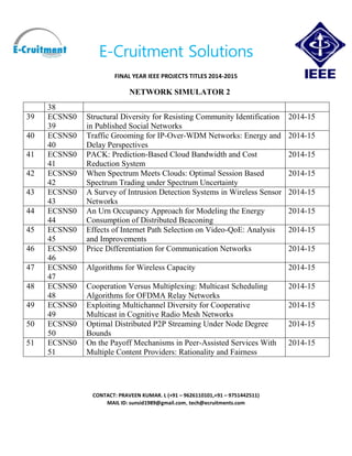 E-Cruitment Solutions
FINAL YEAR IEEE PROJECTS TITLES 2014-2015
NETWORK SIMULATOR 2
CONTACT: PRAVEEN KUMAR. L (+91 – 9626110101,+91 – 9751442511)
MAIL ID: sunsid1989@gmail.com, tech@ecruitments.com
38
39 ECSNS0
39
Structural Diversity for Resisting Community Identification
in Published Social Networks
2014-15
40 ECSNS0
40
Traffic Grooming for IP-Over-WDM Networks: Energy and
Delay Perspectives
2014-15
41 ECSNS0
41
PACK: Prediction-Based Cloud Bandwidth and Cost
Reduction System
2014-15
42 ECSNS0
42
When Spectrum Meets Clouds: Optimal Session Based
Spectrum Trading under Spectrum Uncertainty
2014-15
43 ECSNS0
43
A Survey of Intrusion Detection Systems in Wireless Sensor
Networks
2014-15
44 ECSNS0
44
An Urn Occupancy Approach for Modeling the Energy
Consumption of Distributed Beaconing
2014-15
45 ECSNS0
45
Effects of Internet Path Selection on Video-QoE: Analysis
and Improvements
2014-15
46 ECSNS0
46
Price Differentiation for Communication Networks 2014-15
47 ECSNS0
47
Algorithms for Wireless Capacity 2014-15
48 ECSNS0
48
Cooperation Versus Multiplexing: Multicast Scheduling
Algorithms for OFDMA Relay Networks
2014-15
49 ECSNS0
49
Exploiting Multichannel Diversity for Cooperative
Multicast in Cognitive Radio Mesh Networks
2014-15
50 ECSNS0
50
Optimal Distributed P2P Streaming Under Node Degree
Bounds
2014-15
51 ECSNS0
51
On the Payoff Mechanisms in Peer-Assisted Services With
Multiple Content Providers: Rationality and Fairness
2014-15
 