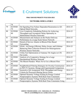E-Cruitment Solutions
FINAL YEAR IEEE PROJECTS TITLES 2014-2015
NETWORK SIMULATOR 2
CONTACT: PRAVEEN KUMAR. L (+91 – 9626110101,+91 – 9751442511)
MAIL ID: sunsid1989@gmail.com, tech@ecruitments.com
78
79 ECSNS0
79
On Signaling-Free Failure Dependent Restoration in All-
Optical Mesh Networks
2014-15
80 ECSNS0
80
Low-Complexity Scheduling Policies for Achieving
Throughput and Asymptotic Delay Optimality in
Multichannel Wireless Networks
2014-15
81 ECSNS0
81
Measurement and Analysis on the Packet Delivery
Performance in a Large-Scale Sensor Network
2014-15
82 ECSNS0
82
Denial-of-Service Attacks in Bloom-Filter-Based
Forwarding
2014-15
83 ECSNS0
83
EDAL: An Energy-Efﬁcient, Delay-Aware, and Lifetime-
Balancing Data Collection Protocol for Heterogeneous
Wireless Sensor Networks
2014-15
84 ECSNS0
84
Utility Fair Optimization of Antenna Tilt Angles in LTE
Net works
2014-15
85 ECSNS0
85
Analysis of a Cooperative Strategy for a Large
Decentralized Wireless Network
2014-15
86 ECSNS0
86
The Bloom Paradox: When Not to Use a Bloom Filter 2014-15
87 ECSNS0
87
Neighborhood Filtering Strategies for Overlay Construction
in P2P-TV Systems: Design and Experimental Comparison
2014-15
88 ECSNS0
88
Insensitive Job Assignment With Throughput and Energy
Criteria for Processor-Sharing Server Farms
2014-15
89 ECSNS0
89
Optimal Dynamic Voltage Scaling In Energy-Limited
Nonpreemptive Systems With Real-Time Constraints
2014-15
90 ECSNS0
90
Optimal Dynamic Voltage Scaling In Energy-Limited
Nonpreemptive Systems With Real-Time Constraints Using
2014-15
 