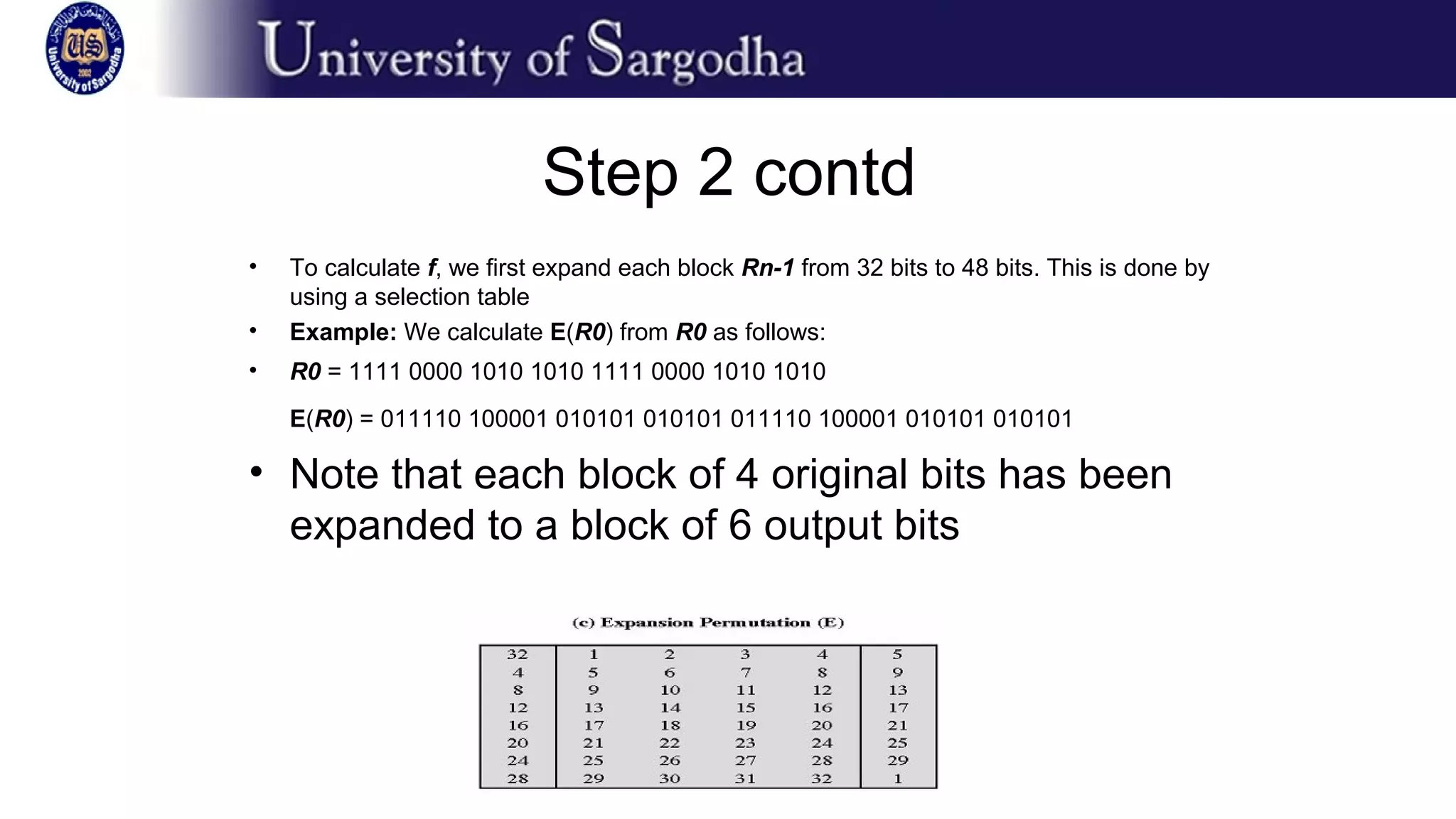 Step 2 contd
• To calculate f, we first expand each block Rn-1 from 32 bits to 48 bits. This is done by
using a selection table
• Example: We calculate E(R0) from R0 as follows:
• R0 = 1111 0000 1010 1010 1111 0000 1010 1010
E(R0) = 011110 100001 010101 010101 011110 100001 010101 010101
• Note that each block of 4 original bits has been
expanded to a block of 6 output bits
 