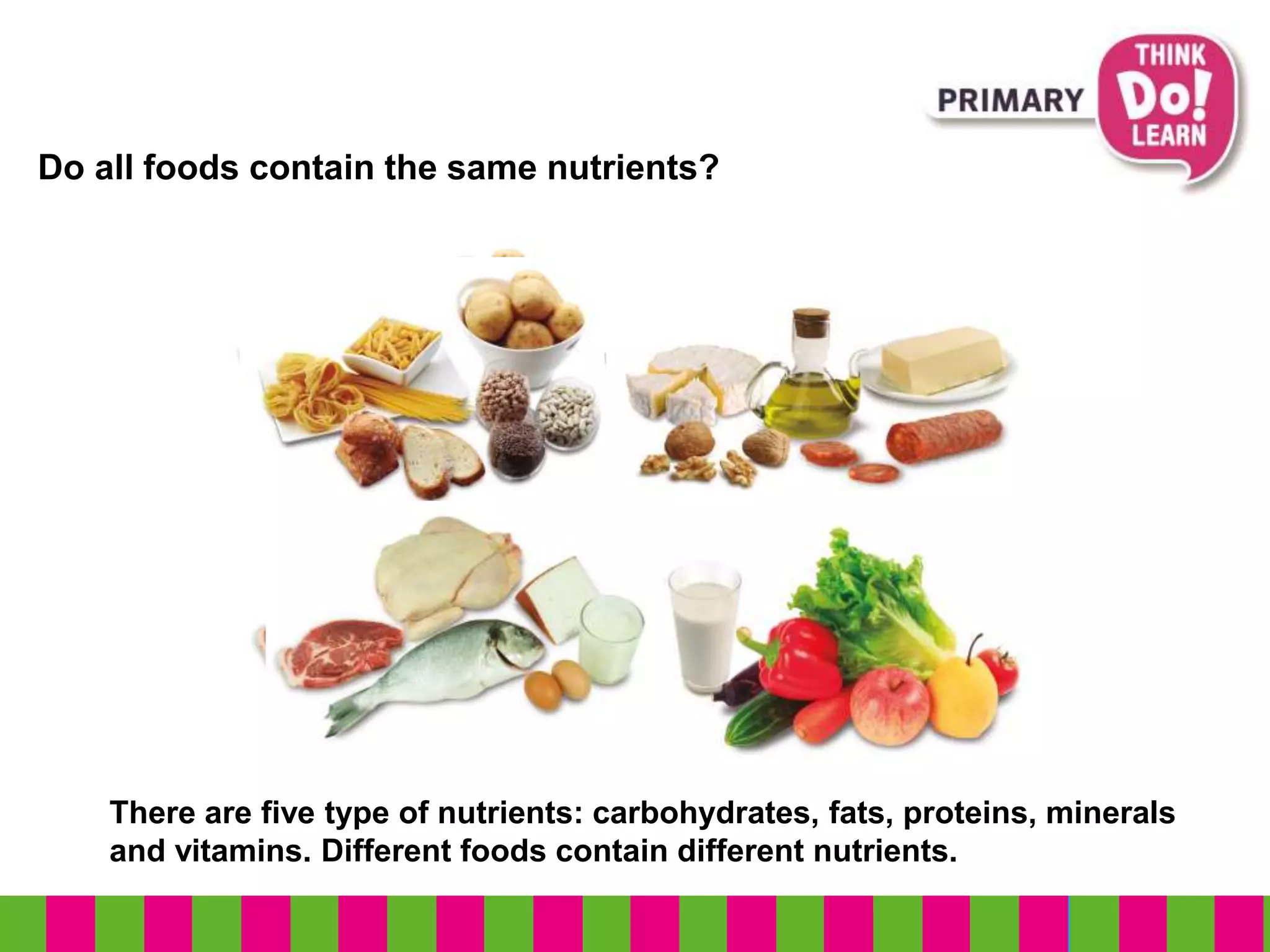 Do all foods contain the same nutrients?
There are five type of nutrients: carbohydrates, fats, proteins, minerals
and vitamins. Different foods contain different nutrients.
 