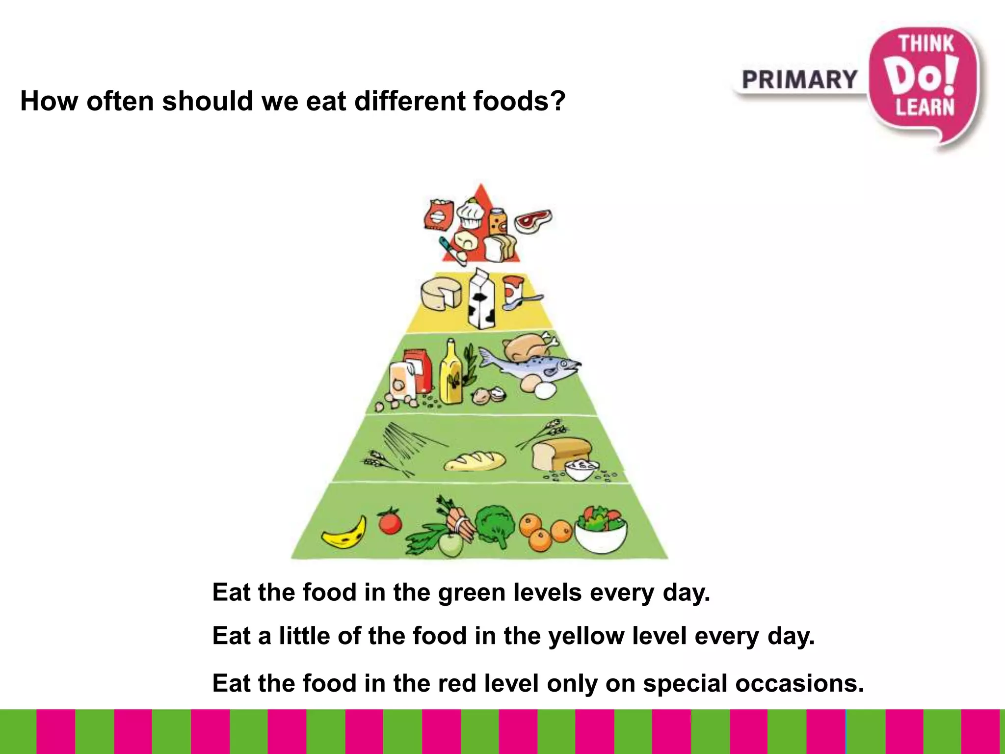 How often should we eat different foods?
Eat the food in the green levels every day.
Eat a little of the food in the yellow level every day.
Eat the food in the red level only on special occasions.
 