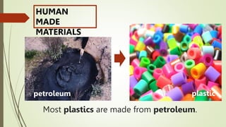 Most plastics are made from petroleum.
HUMAN
MADE
MATERIALS
petroleum plastic
