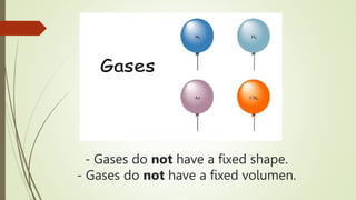 - Gases do not have a fixed shape.
- Gases do not have a fixed volumen.
 