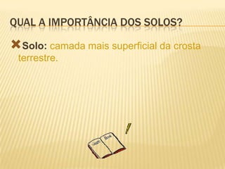 Qual a importância dos solos?Solo: camada mais superficial da crosta terrestre.
