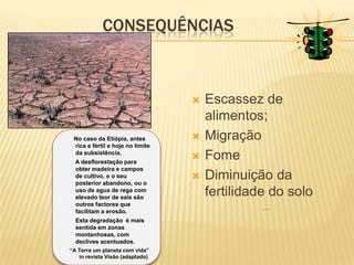 CausasA origem da desertificação esta na destruição da cobertura vegetal do solo, provocada por séculos de ma gestão por parte do Homem. A sobre exploração dos solos especialmente pobres em nutrientes e o abuso de pesticidas e de herbicidas químicos tornaram ermas extensas áreas que tinham desfrutado de uma vegetação silvestre bem adaptada. O pastoreio excessivo e o corte indiscriminado de arvores também colaboram, sobretudo nos planaltos. “A Terra um planeta com vida” in revista Visão (adaptado)Desflorestação