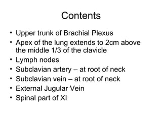 Contents Upper trunk of Brachial Plexus Apex of the lung extends to 2cm above the middle 1/3 of the clavicle Lymph nodes Subclavian artery – at root of neck Subclavian vein – at root of neck External Jugular Vein Spinal part of XI 