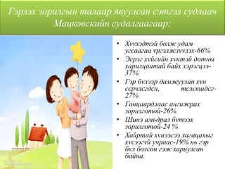 Гэрлэх зорилгын талаap явуулсан сэтгэл судлаач
Мацковскийн судалгаагаар:
• Хvvхэдтэй болж удам
угсаагаа vргэлжлvvлэх-66%
• Эсрэг хvйсийн хvнтэй дотны
харилцаатай байх хэрэгцээ-
37%
• Гэр бvлээр дамжуулан хvн
єєрчлєгдєн, тєлєвшдєг-
27%
• Ганцаардлаас ангижрах
зорилготой-26%
• Шинэ амьдрал бvтээх
зорилготой-24 %
• Хайртай хvнээсээ хагацахыг
хvсээгvй учраас-19% нь гэр
бvл болсон гэж хариулсан
байна.
 
