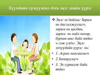 Хүүхдийн хүмүүжил дэхь эцэг эхийн үүрэг
Эцэг эх байхыг Зарим
нь дасгалжуулагч,
зарим нь цагдаа,
зарим нь найз нөхөр,
бурхан шиг байх явдал
ч гэж үздэг. Эцэг
эхчүүдийн үүрэг нь:
• 1. Асран хамгаалагч
• 2.Зохицуулагч
• 3. Эх сурвалж байх
явдал
 