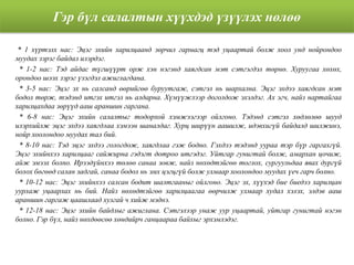 Гэр бүл салалтын хүүхдэд үзүүлэх нөлөө
* 1 хүртэлх нас: Эцэг эхийн харилцаанд зөрчил гармагц тэд уцаартай болж хоол унд нойрондоо
муудах зэрэг байдал илэрдэг.
* 1-2 нас: Тэд айдас түгшүүрт орж хэн нэгэнд хаягдсан мэт сэтгэгдэл төрнө. Хуруугаа хөхөх,
орондоо шээх зэрэг үзэгдэл ажиглагдана.
* 3-5 нас: Эцэг эх нь салсанд өөрийгөө буруутгаж, сэтгэл нь шархална. Эцэг эхдээ хаягдсан мэт
бодол төрж, тэдэнд итгэх итгэл нь алдарна. Хүмүүжлээр доголдож эхэлдэг. Ах эгч, найз нартайгаа
харилцахдаа зөрүүд ааш араншин гаргана.
* 6-8 нас: Эцэг эхийн салалтыг тодорхой хэмжээгээр ойлгоно. Тэдэнд сэтгэл хөдлөлөө шууд
илэрхийлж эцэг эхдээ хаягдлаа хэмээн шаналдаг. Хурц ширүүн аашилж, идэвхигүй байдалд шилжинэ,
нойр хоолондоо муудах тал бий.
* 8-10 нас: Тэд эцэг эхдээ гологдож, хаягдлаа гэж бодно. Гэхдээ тэдэнд уураа тэр бүр гаргахгүй.
Эцэг эхийнхээ харилцааг сайжирна гэдэгт дотроо итгэдэг. Уйтгар гунигтай болж, амархан цочиж,
айж эмээх болно. Ирээдүйнхээ төлөө санаа зовж, найз нөхөдтэйгөө тоглох, сургуульдаа явах дургүй
болох бөгөөд салан задгай, санаа бодол нь эмх цэгцгүй болж улмаар хоолондоо муудах үеч гарч болно.
* 10-12 нас: Эцэг эхийнхээ салсан бодит шалтгааныг ойлгоно. Эцэг эх, хүүхэд бие биедээ харилцан
уурлаж уцаарлах нь бий. Найз нөхөдтэйгөө харилцаагаа өөрчилж улмаар худал хэлэх, элдэв ааш
араншин гаргаж цаашлаад хулгай ч хийж мэднэ.
* 12-18 нас: Эцэг эхийн байдлыг ажиглана. Сэтгэлээр унаж уур уцаартай, уйтгар гунигтай нэгэн
болно. Гэр бүл, найз нөхдөөсөө хөндийрч ганцаараа байхыг эрхэмлэдэг.
 