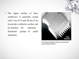 • The upper surface of these
cantilevers is generally coated
with 2 nm of Ti and 20 nm of Au
to provide a reflective surface and
an interface for attaching
functional groups of probe
molecules.
 