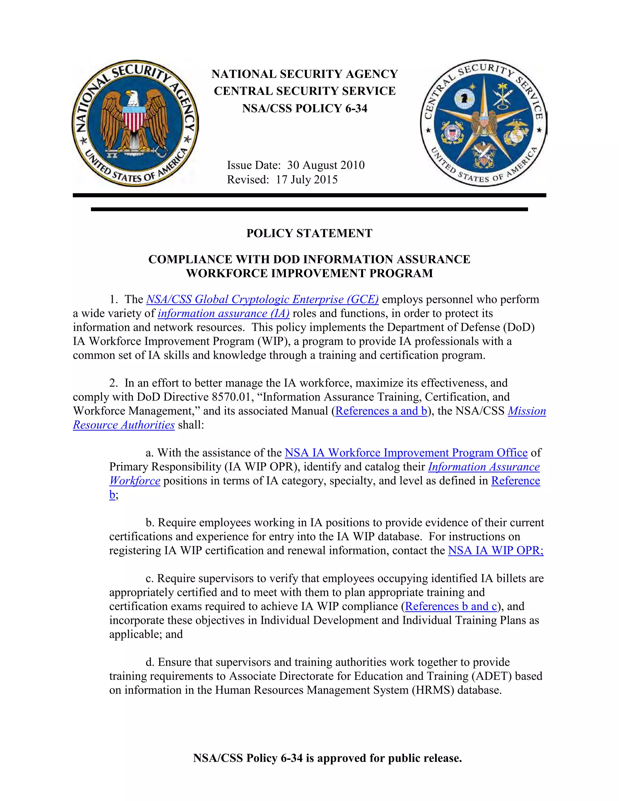 NSA Information Assurance Policy | PDF