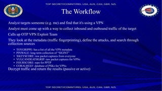 The Workflow
Analyst targets someone (e.g. me) and find that it's using a VPN
Analyst must come up with a way to collect inbound and outbound traffic of the target
Calls up OTP VPN Exploit Team
They look at the metadata (traffic fingerprinting), define the attacks, and search through
collection sources
• TOYGRIPPE: has a list of all the VPN metadata
• PINWALE: long term collection of “SIGINT”
• XKEYSCORE: raw packet captures from everyone
• VULCANDEATHGRIP: raw packet captures for VPNs
• FOURSCORE: repo for PPTP
• CORALREEF: database of PSKs for VPNs
Decrypt traffic and return the results (passive or active)
 