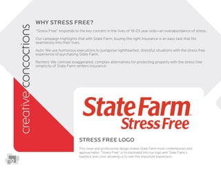 creativeconcoctions
10
Why Stress Free?
“Stress Free” responds to the key concern in the lives of 18-25 year olds—an overabundance of stress.
Our campaign highlights that with State Farm, buying the right insurance is an easy task that ﬁts
seamlessly into their lives.
Auto: We use humorous executions to juxtapose lighthearted, stressful situations with the stress free
experience of purchasing State Farm.
Renters: We contrast exaggerated, complex alternatives for protecting property with the stress free
simplicity of State Farm renters insurance.
Stress Free Logo
This clean and professional design makes State Farm more contemporary and
approachable. “Stress Free” is incorporated into our logo with State Farm’s
typeface and color, allowing us to own this important expression.
 