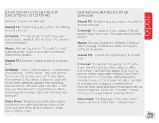 RADIO scripts:Explanation of
executions; List stations
Renters Insurance Radio Ad
Sound FX: Shattering glass, person stumbling
around a house
Criminal: “You’re not home right now, are
real nice stereo.”
Music:
starts playing. It starts loud then continues
softly as he speaks.
Sound FX: Sounds of objects being knocked
over.
Criminal: “I really like the place. It seems nice
and relaxing. Pretty trendy. Oh, nice laptop.
You know, it’s too bad you don’t have State
Farm renter’s insurance. It doesn’t cost very
much and it protects against ﬁre, ﬂooding,
and accidents. Oh yeah, and theft too. Trust
me, you have more to insure than you think,
otherwise why would a ‘Smooth Criminal’ be
taking it?”
Voice Over: “Protect your stuff with renters
insurance, and when paired with auto it can
cost less than three bucks a month. State
Farm. Stress Free.”
Renters Insurance Radio Ad
(Spanish)
Sound FX: Shattering glass, person stumbling
around a house
Criminal: “No estás en casa, verdad? (short
tienes!”
Music:
starts playing. It starts loud then continues
softly as he speaks.
Sound FX: Sounds of objects being knocked
over.
Criminal: “En verdad me gusta mucho este
Cuesta poco y te protege contra incendios,
como yo no se las estaría llevando ahora.”
Voice Over: “Protege tus cosas con nuestro
seguro de renta. State Farm. Stress Free.”
radio
17
 