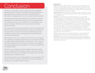 32
State Farm challenged Chariot to develop a fully integrated
marketing communications campaign to attract young adults.
Through extensive research, we came to understand the
difﬁculties of engaging them in a conversation about insurance.
We learned they lead stress-ﬁlled lives and view the insurance
buying process as daunting. State Farm is seen as particularly
target is turning to what they perceive as more accessible
insurance brands.
The solution lies in positioning State Farm as the company that
takes the stress out of buying the right insurance. The power of
this positioning is rooted in a profound understanding of this
audience and a new way of leveraging the recognized brand
strengths of State Farm.
We bring this to life in our “State Farm. Stress Free.” campaign.
This campaign juxtaposes the daily stress in our target’s life with
the relative ease and affordability of State Farm. The humorous
and light-hearted tone of our executions makes the campaign
particularly appealing to our audience. They now see State Farm
in a different light.
We deliver our campaign through a phased connections plan
that will engage them in unexpected ways. Each touch point is
designed to reinforce the message of how State Farm can help
alleviate stress in their busy lives.
By highlighting the ease and affordability of buying a State Farm
policy, Chariot will transform State Farm from an intimidating
company to our target’s brand of choice.
Conclusion
Resources: Business Source Premier, EBSCO Host, Education Resource
and American Life Project
Sources
Books: American Generations: Who they are. How they live. What they think.;
to Creating Great Advertising; Luke Sullivan, The Tipping Point: How Little Things
Publications: Advertising Age, Business Week, Forbes, The New York Times,
The Washington Post
Websites: www.adweek.com, www.adwords.google.com, www.allstate.
com, www.appbid.com, www.amfam.com, www.beyondpetroleum.com, www.
blockbustergolfcarts.com, www.blogspot.com , www.bls.gov, www.charitywater.
org, www.collegesintheusa.com, www.csnsofas.com, www.eff.org, www.
eventmarketer.com, www.expedia.com, www.facebook.com, www.fhwa.dot.
wwww.ikea.com, www.inventorspot.com, www.ircweb.org, www.marketresearch.
com, www.marketwatch.com, www.millenialmarketing.com, www.milwaukee.
bizjournals.com, www.nytimes.com, www.npr.org, www.orbitz.com, www.
pewinternet.com, ww.progressive.com, www.resourceshelf.com, www.roadtrips.
com, www.slate.com, www.stadiumguide.com, www.statefarm.com, www.twitter.
com/StateFarm, www.youtube.com
Blogs: blogspot.com, www.thecarinsuranceblog.com, www.ﬁnance4youth.
wordpress.com, mashable.com, www.worldcupblog.org, www.yaybia.com
 