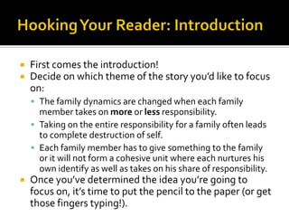 Hooking Your Reader: IntroductionFirst comes the introduction!Decide on which theme of the story you’d like to focus on:The family dynamics are changed when each family member takes on more or less responsibility.Taking on the entire responsibility for a family often leads to complete destruction of self.Each family member has to give something to the family or it will not form a cohesive unit where each nurtures his own identify as well as takes on his share of responsibility.Once you’ve determined the idea you’re going to focus on, it’s time to put the pencil to the paper (or get those fingers typing!).