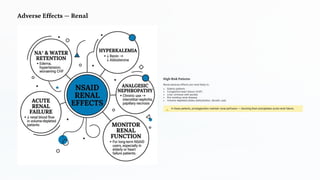 Adverse Effects — Renal
High -Risk Patients
Renal adverse effects are most likely in:
• Elderly patients
• Congestive heart failure (CHF)
• Liver cirrhosis with ascites
• Pre-existing renal disease
• Volume-depleted states (dehydration, diuretic use)
In these patients, prostaglandins maintain renal perfusion — blocking them precipitates acute renal failure.
 