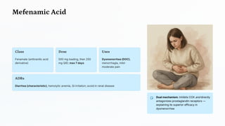 Mefenamic Acid
Class
Fenamate (anthranilic acid
derivative)
Dose
500 mg loading, then 250
mg QID; max 7 days
Uses
Dysmenorrhea (DOC),
menorrhagia, mild-
moderate pain
ADRs
Diarrhea (characteristic), hemolytic anemia, GI irritation; avoid in renal disease
Dual mechanism: Inhibits COX and directly
antagonizes prostaglandin receptors —
explaining its superior efficacy in
dysmenorrhea
 