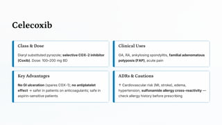 Celecoxib
Class & Dose
Diaryl substituted pyrazole; selective COX-2 inhibitor
(Coxib). Dose: 100–200 mg BD
Clinical Uses
OA, RA, ankylosing spondylitis, familial adenomatous
polyposis (FAP), acute pain
Key Advantages
No GI ulceration (spares COX-1); no antiplatelet
effect → safer in patients on anticoagulants; safe in
aspirin-sensitive patients
ADRs & Cautions
↑ Cardiovascular risk (MI, stroke), edema,
hypertension; sulfonamide allergy cross-reactivity —
check allergy history before prescribing
 