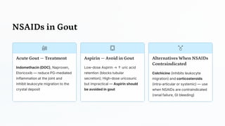 NSAIDs in Gout
Acute Gout — Treatment
Indomethacin (DOC), Naproxen,
Etoricoxib — reduce PG-mediated
inflammation at the joint and
inhibit leukocyte migration to the
crystal deposit
Aspirin — Avoid in Gout
Low-dose Aspirin → ↑ uric acid
retention (blocks tubular
secretion); High-dose uricosuric
but impractical — Aspirin should
be avoided in gout
Alternatives When NSAIDs
Contraindicated
Colchicine (inhibits leukocyte
migration) and corticosteroids
(intra-articular or systemic) — use
when NSAIDs are contraindicated
(renal failure, GI bleeding)
 