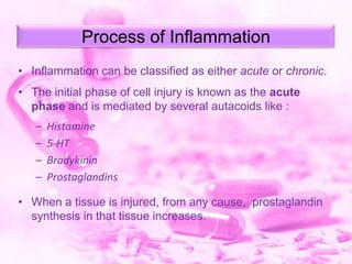 Process of Inflammation
• Inflammation can be classified as either acute or chronic.

• The initial phase of cell injury is known as the acute
phase and is mediated by several autacoids like :
–
–
–
–

Histamine
5-HT
Bradykinin
Prostaglandins

• When a tissue is injured, from any cause, prostaglandin
synthesis in that tissue increases.

 