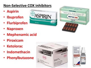 ASPIRIN (ACETYLSALICYLIC ACID)
MOA: Aspirin is non selective inhibitor of cox enzymes and
supress prostaglandin synthesis....