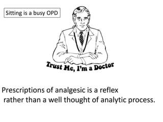 Sitting is a busy OPD

Prescriptions of analgesic is a reflex
rather than a well thought of analytic process.

 