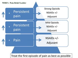Persistent
pain
Persistent
pain
Pain

Strong Opioids

NSAIDs +/Adjuvant
Mild Opioids
NSAIDs +/Adjuvant

NSAIDs +/-

Adjuvant

Treat the first episode of pain as best as possible

 