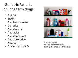 Geriatric Patients
on long term drugs
•
•
•
•
•
•
•
•
•
•

Aspirin
Statin
Anti hypertensive
Diuretics
Anti diabetic
Anti-acids
Anti depressant
Anti absorptive
Alcohol
Calcium and Vit D

Drug interaction
Hypoglycemia in diabetics
Blunting the effect of HT/Diuretics

 