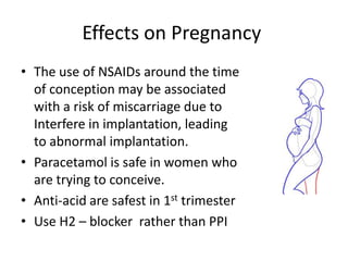 Effects on Pregnancy
• The use of NSAIDs around the time
of conception may be associated
with a risk of miscarriage due to
Interfere in implantation, leading
to abnormal implantation.
• Paracetamol is safe in women who
are trying to conceive.
• Anti-acid are safest in 1st trimester
• Use H2 – blocker rather than PPI

 
