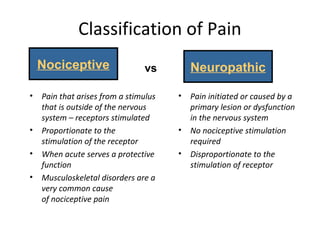 Nociceptive Neuropathic
Classification of Pain
• Pain that arises from a stimulus
that is outside of the nervous
system – receptors stimulated
• Proportionate to the
stimulation of the receptor
• When acute serves a protective
function
• Musculoskeletal disorders are a
very common cause
of nociceptive pain
• Pain initiated or caused by a
primary lesion or dysfunction
in the nervous system
• No nociceptive stimulation
required
• Disproportionate to the
stimulation of receptor
vs
 