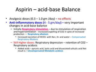 Aspirin – acid-base Balance
• Analgesic doses (0.3 – 1.0 gm /day) – no effects
• Anti-inflammatory doses (4 - 5 gm/day) – very important
changes in acid-base balance
– Initially Respiratory stimulation – due to stimulation of respiration
and hyperventilation - Increased expelling of CO2 in spite of increased
production – Respiratory alkalosis
• Increased excretion of HCO3- with Na+, K+ and water – Compensated
Respiratory Alkalosis
– Still Higher doses: Respiratory depression – retention of CO2 –
Respiratory acidosis
• Added acids – pyruvic acid, lactic acid and dissociated salicylic acid Net
result is – Uncompensated Metabolic acidosis
 