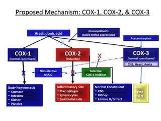 Proposed Mechanism: COX-1, COX-2, & COX-3
Arachidonic acid
COX-2
(inducible)
Body homeostasis
• Stomach
• Intestine
• Kidney
• Platelet
Inflammatory Site
• Macrophages
• Synoviocytes
• Endothelial cells
X X
Selective
COX-2 inhibitor
COX-1
(normal constituent)
X
Normal Constituent
• CNS
• Kidney
• Female U/G tract
Glucocorticoids
(block mRNA expression)
X
X
Acetaminophen
COX-3
(normal constituent)
Pain
Fever
?HTN
?GI
• CNS, Heart, Aorta
Nonselective
NSAID
 