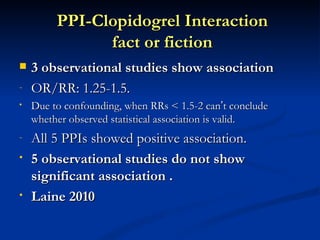 PPI-Clopidogrel Interaction
               fact or fiction
   3 observational studies show association
-   OR/RR: 1.25-1.5.
•   Due to confounding, when RRs < 1.5-2 can’t conclude
    whether observed statistical association is valid.
-   All 5 PPIs showed positive association.
•   5 observational studies do not show
    significant association .
•   Laine 2010
 